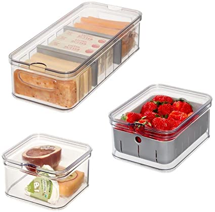 The Spruce by iDesign 3-Piece Plastic Refrigerator Organizer Bin Set with Lids, Clear/Gray