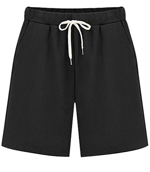 HOW'ON Women's Soft Knit Elastic Waist Jersey Casual Bermuda Shorts with Drawstring