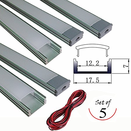 SleekLighting Extruded Aluminium U Shape Channel (1m/3.3ft) - Pack of 5- Ultra Slim - Sturdy Profile - End Caps/ Mounting Clips - Including A 10M Long Wire!