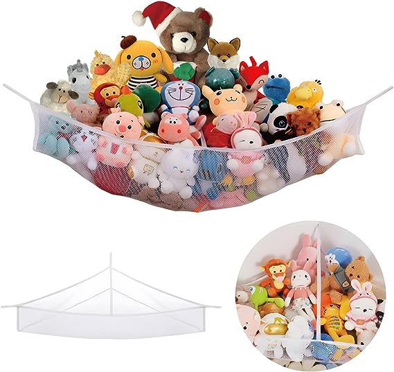 INSFITY Stuffed Animal Hammock Corner Plush Toys Storage Net Organizer 35×50×8" (White, Large)