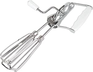 Fox Run Stainless Steel Manual Hand Mixer, White Retro Style Egg Beater, 10" x 5"