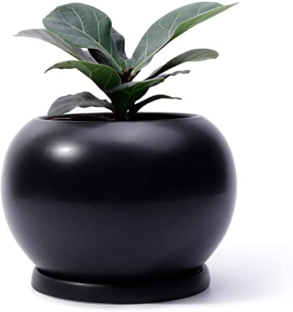 POTEY Planter Ceramic Plant Flower Pot - 4.2 Inches Large Indoor Glazed Container Bonsai with Drainage Hole Saucer - Large Space - Golbe, Matte Black