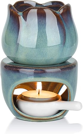 ComSaf Wax Melt Essential Oil Burner with Tealight Spoon, Removable Aromatherapy Burner Blue Ceramic Aroma Oil Candle Diffuser Wax Tart Warmer for Home Bedroom Decor Christmas Housewarming Gift