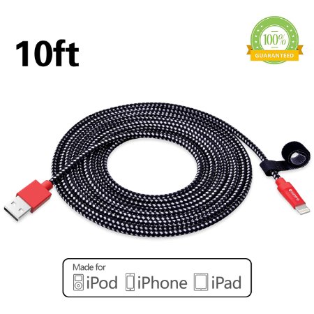 Apple Cable, MFi Certified Lightning Cable - Kinps 10FT/ 3M Nylon Braided 8 pin Lightning Sync and Charge Cable for iPhone 6S/6S Plus, iPad and iPod, Compatibility with the All Cases(Black   Red)