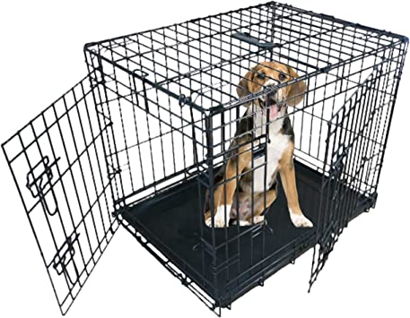 Ellie-Bo Dog Puppy Cage Small 24 inch Black Folding 2 Door Crate with Non-Chew Metal Tray