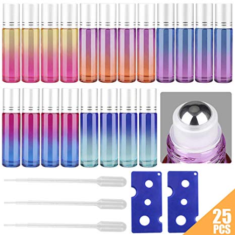 10ml Colorful Essential Oil Roller Bottles Set with Stainless Steel Balls, Tomorotec Home Ultra Thick Roller Bottle for Oil with Opener and Droppers (20 Pcs)