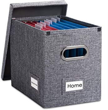 PRANDOM File Organizer Box - Set of 1 Collapsible Decorative Linen Filing Storage Hanging File Folders with Lids Office Cabinet Letter Size Grey (14x9.3x10.8 inch)