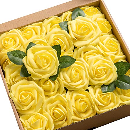 Ling's moment Artificial Flowers Canary Yellow Roses 25pcs Real Looking Fake Roses w/Stem DIY Wedding Bouquets Centerpieces Arrangements Party Baby Shower Party Home Decorations