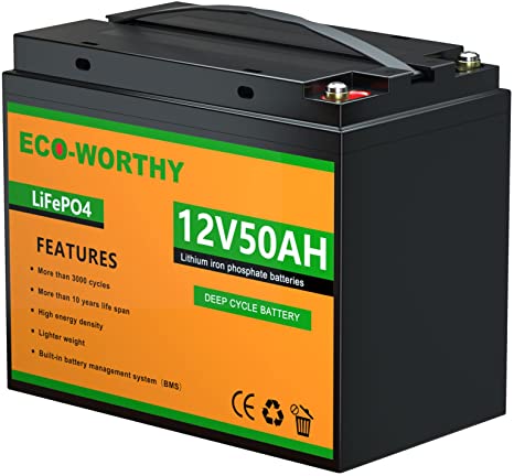 ECO-WORTHY 12V 50Ah Lithium Battery 3000  Cycles Rechargeable Iron Phosphate Battery with BMS Protection, Perfect for Travel Trailer, RV, Marine, Solar, Household Battery