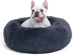 Bedsure Calming Dog Bed for Medium Large Dogs - Donut Washable Large Pet Bed, 33 inches Anti-Slip Round Fluffy Plush Faux Fur Dog Bed, Dark Grey