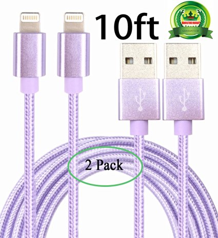 Abloom 2Pack 10ft Nylon Braided Popular Lightning Cable 8Pin to USB Charging Cable Cord with Aluminum Heads for iPhone 6/6s/6 Plus/6s Plus/5/5c/5s/SE,iPad iPod Nano iPod Touch(Purple)