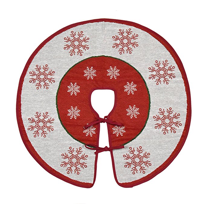 Primode Xmas Tree Skirt 30", Snowflakes Design On a White Jacquard Woven Heavy Duty Textile with Red Trim, Holiday Tree Decoration