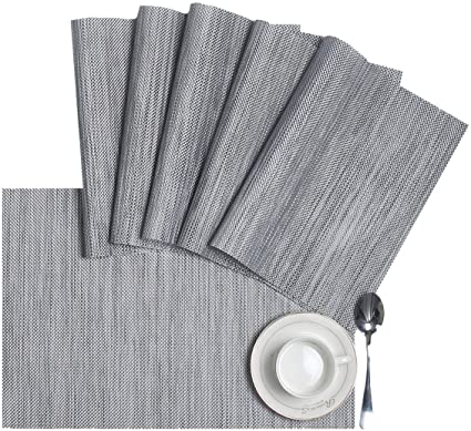 HEBE Placemat Set of 8, Crossweave Woven Vinyl Non-Slip Insulation Placemat Washable Table Mats for Kitchen Table,Grey