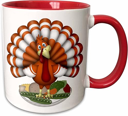 3dRose Cute Large Orange Thanksgiving Turkey On Vegetables Ceramic Mug, 11 oz, Red/White