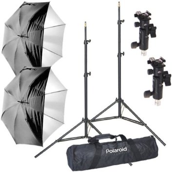 Polaroid Pro Studio Digital Flash Umbrella Mount Kit Includes Two 2 Air-Cushioned Heavy Duty Light Stands Two 2 White Satin Interior Umbrella with Removable Black Cover Two 2 Umbrella Adapters One 1 Deluxe Pro Case