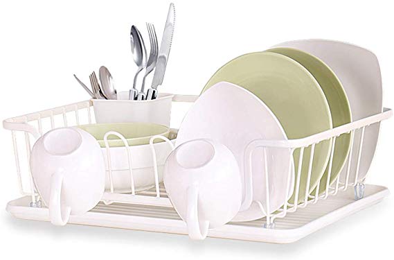 Dish Drying Rack Large Drainer - Kitchen Rustproof Piano Lacquer Coated Storage Basket, Drip Tray, Utensil and Cup Holders Included