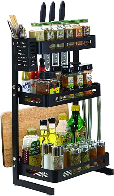 Sorbus 3-Tier Kitchen Spice Rack Utensil Holder, Countertop Freestanding Shelf Organizer for Jars, Bottles, etc, Includes Knife, Cutlery, Chopping Board Storage, plus 3 Hooks, Metal (Black, 3-Tier)