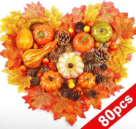 AIZESI Thanksgiving Artificial Pumpkins Home Decoration Set Mini Fake Pumpkins with Lifelike Maple Leaves Acorns gourds Pine Cones Mixture Artificial Vegetables Halloween Decorations