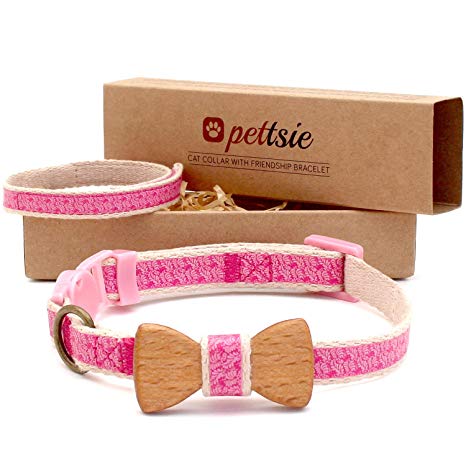 Pettsie Cat Collar Bow Tie with Breakaway Safety and Friendship Bracelet for You, Durable 100% Cotton for Extra Safety, D-Ring for Accessories, Comfortable and Soft, Easy Adjustable Size 8-11 Inch
