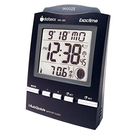 Datexx DRC-605BK Radio Control Alarm Clock with Month/Day and Temperature, Black