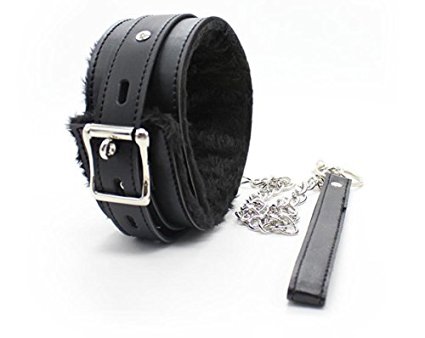 Black Leather Fur Lined Choker Collar With Chain Leash Costume with Fabric Bag
