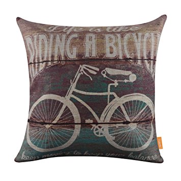 LINKWELL 18"x18" Retro Wood Slat Look Classic Bike Bicycle Monogram Burlap Cushion Covers Pillow Case