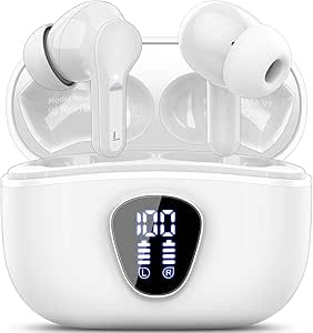 Wireless Earbuds, Bluetooth 5.3 Headphones HiFi Stereo, Bluetooth Earbuds with ENC Noise Cancelling Mic, IP7 Waterproof in Ear Earphones, 48H, LED Display Ear buds for Pad Phones Workout Sports, White