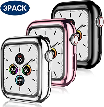 KOLEK Screen Protector Case Compatible with Apple Watch 40mm Series 5/4, 3-Pack Soft TPU All-Around HD Clear Protective Bumper Cover Cases for iWatch 40mm Series 5 4, Black/Silver/Rose Pink