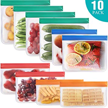 10 pack Reusable food Storage Bags - 6 pack Reusable Snack Bags 4 pack Reusable Sandwich Bags FDA Grade Freezer Ziplock Lunch Bags for Food Marinate Meat Fruit Cereal