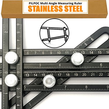Stainless Steel Angleizer, Unbreakable Premium Quality Heavy Duty Black 5mm Thick Steel Multi Angle Measuring Ruler Template Tool, Laser Engraved Markings, Carpenter Pencil, Cloth Case & Box by PILPOC