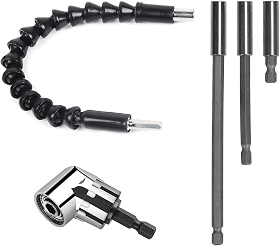 LAITER Drill Extension Set Include 3 pcs Magnetic Extension Bar and 1 pcs 1/4 inch Flexible Extension Drill Bit and 1 pcs Right Angle Drill Adapter for Daily Fixing Household MaintenanceInstalling
