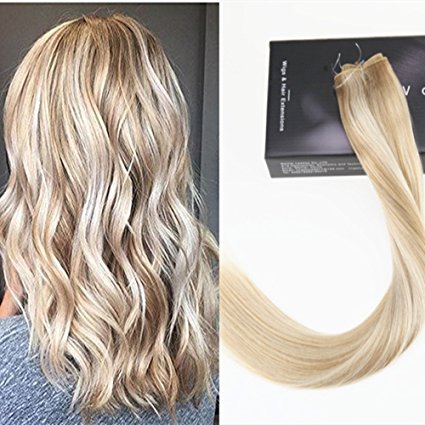 LaaVoo 14" Flip in Human Hair Extensions Piano Color #18 Ash Blonde to Color #613 Bleach Blonde Fish Line Halo Hair Extension 80g Hairpiece