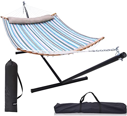 Double Hammock with Stand Included: Ohuhu 55x75 Inch 2 Person Hammock Quilted Fabric 12.3 FT Steel Stand, Portable Hammocks with Curved Bar Pillow Carrying Bags for Indoor Outdoor, 450 LB Capacity