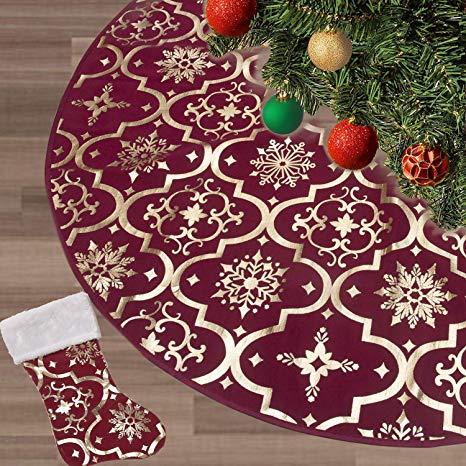 FLASH WORLD Christmas Tree Skirt,48 inches Large Xmas Tree Skirts with Snowy Pattern for Christmas Tree Decorations (deep red)