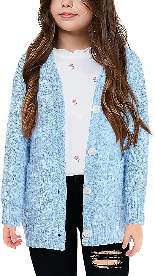Haloumoning Kids Girls Cardigan Sweater Button Knit Long Cardigan Sweaters Coat with Pockets 4-15 Years