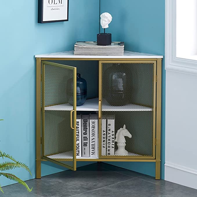 VECELO 3 tier Corner Storage Cabinet with Mesh Doors and Wooden Shelves, Free-Standing Organizer for Compact Space in Living Room/Bedroom/Entryway/Kitchen