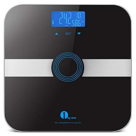 1byone Body Fat Scale Body Scale Bathroom Scale with Tempered Glass, 180kg/400lb Weight Capacity, 10 Users Auto Recognition, Measures Weight, Body Fat, Water, Muscle, Calorie and Bmi, Black