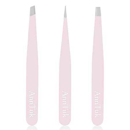 Eyebrow Tweezers Set, 3 Pcs Anntuk Premium Stainless Steel Tweezers,Pink