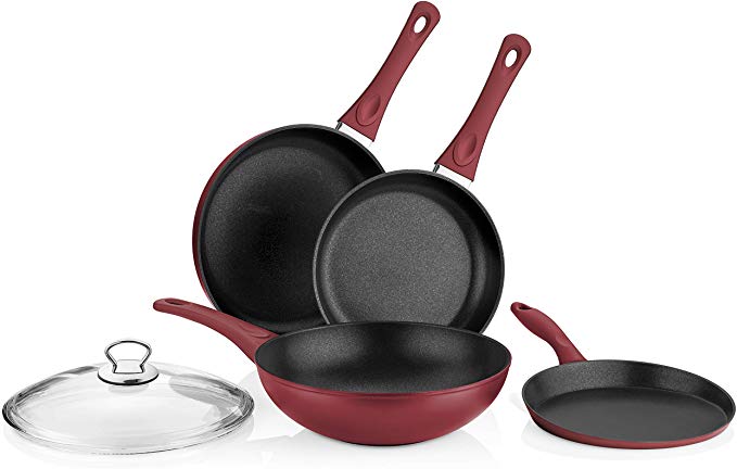 Saflon Titanium Nonstick 5 Piece Wok and Fry Pan Set 4mm Forged Aluminum with PFOA Free Scratch-Resistant Coating from England, Dishwasher Safe (Red)