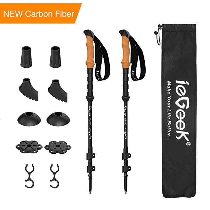 ieGeek Carbon Fiber Trekking Poles Cork Grips Hiking Poles for Woman Man - Extremely Lightweight, Adjustable, Anti-Shock, Flip Locks,Telescoping Hiking Sticks for Camping, Mountaineering, Backpacking