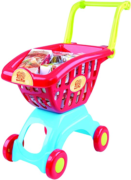 PlayGo Lightweight Shopping Cart Toy 18 Pc Set with Adjustable Handle Pretend Play for Toddler Kids Age 3 Years & Up