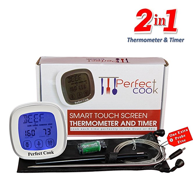 Perfect Cook - Digital Touch Screen Oven Meat Thermometer & Timer, with Best Stainless Steel Probe to Leave in Oven, BBQ Cooking, Grilling, Turkey or Smoker And Easy to Use Countdown Kitchen Timer (Silver)