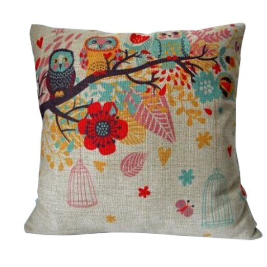 Cotton Linen Square Decorative Throw Pillow Case Cushion Cover Owls with Birdcage 18 "X18 "