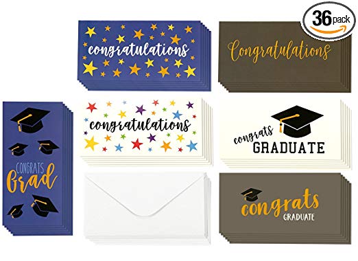 Best Paper Greetings Graduation Money Cards, 6 Unique Designs, 36-Pack, Includes Envelopes