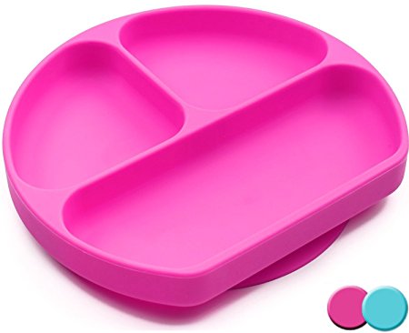 SiliKong Silicone Suction Plates For Toddlers, BPA Free, Dishwasher, Microwave & Oven Safe, Non Slip, One-piece Divided Baby Placemat, Non Skid Stay Put Bowls & Feeding Dishes For Kids (Pink)