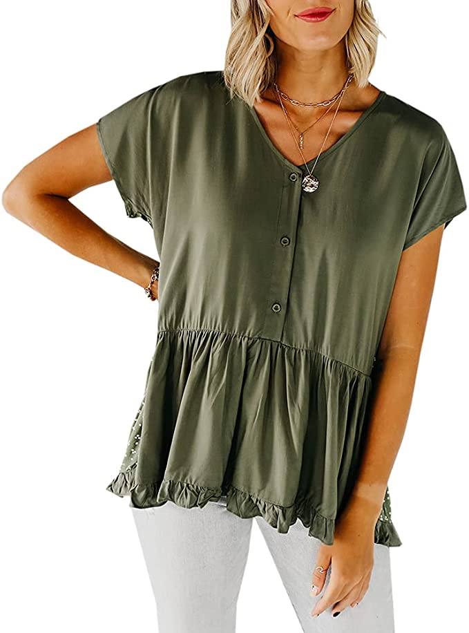 Womens Ruffle Button Up Blouses V Neck Short Sleeve Flowy Summer T Shirt Tops Back Polka Dot