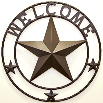 BestGiftEver Metal 24" Welcome with Stars Circle Wall Hanging Decoration - Metal Star Outdoor Decor