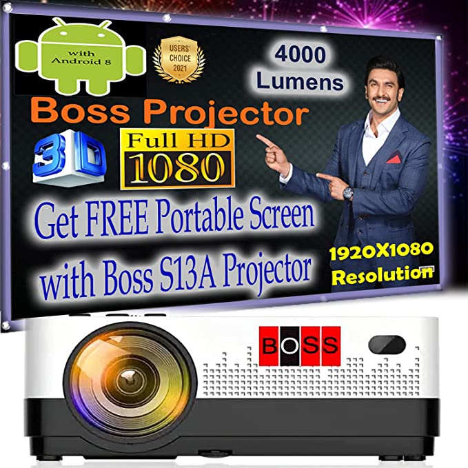 Boss S13A Android 8.0 4000 Lumens 1920X1080 - Upto 200" Display with Miracast, WiFi & HDMI/AV/VGA/USB/TV Input Portable Projector with 1 GB Ram and 8 GB Internal Storage (White)