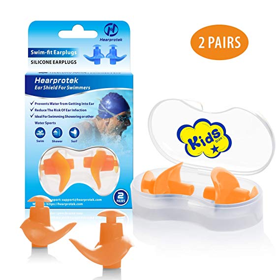 Hearprotek Swimming ear plugs, 2 Pairs waterproof reusable silicone ear plugs for swimmers showering bathing surfing and other water sports Kids size