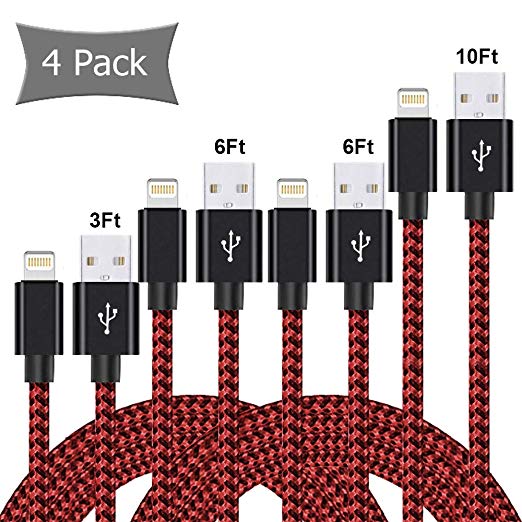 iPhone Charger, MFi Certified Lightning Cable, 4 Pack(3/6/6/10 FT) Extra Long Nylon Braided Charging&Syncing Cord Compatible with iPhone Xs/XS Max//XRX/7/7Plus/8/8Plus/6S/6SPlus/5/Ipad (Black Red)